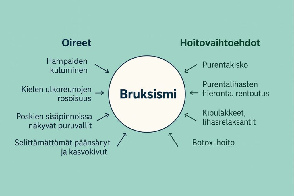 Bruksismi – yleisimmät oireet ja hoitovaihtoehdot havainnollistettuna kaaviossa